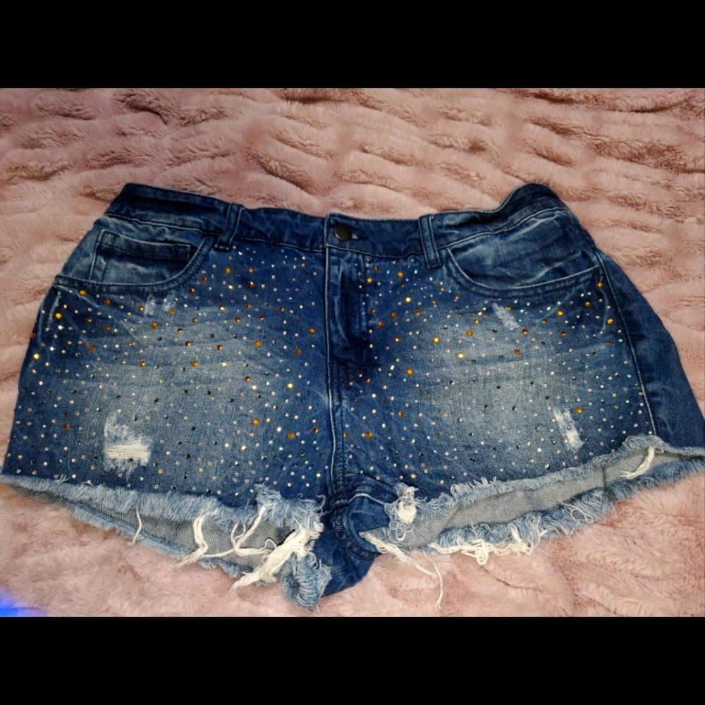 Rhinestone distressed jean shorts